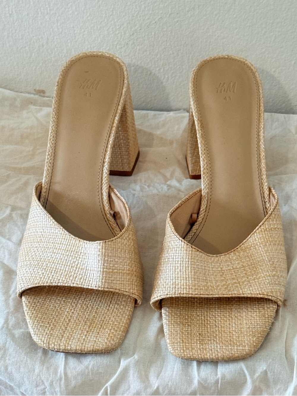 H&M Beige Raffia Square Toe Block Heel Mules